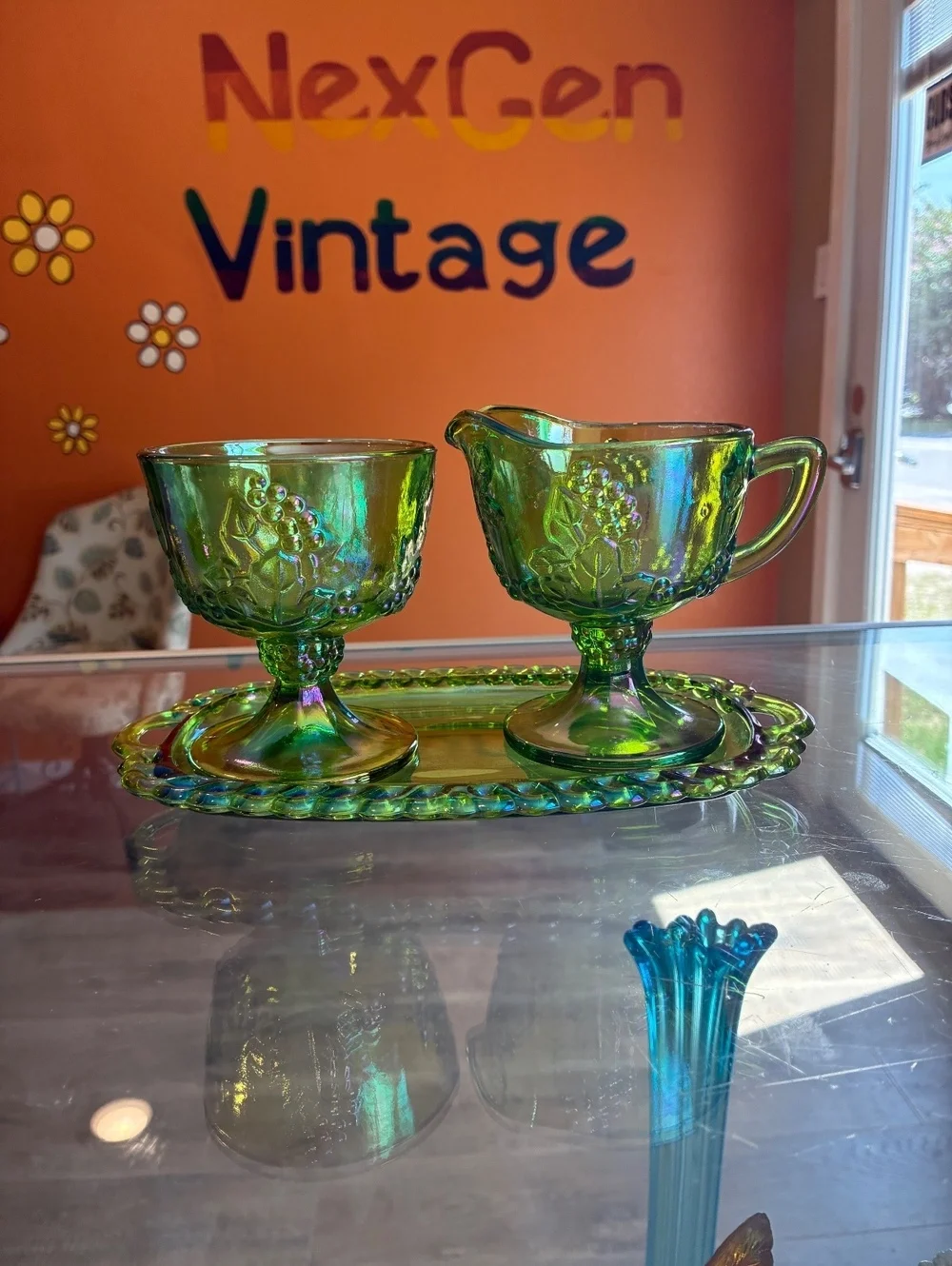 Indiana Glass Harvest Grape Lime Green Carnival Cream Sugar Tray Set